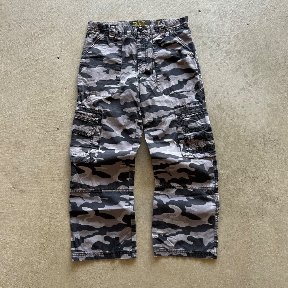 Vintage Y2K Old Navy Cargo Pants Boys 14 Husky Gray Black Woodland Camo Tactical